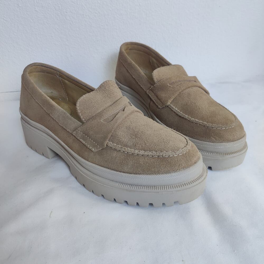 Suede Platform Penny Loafers in Taupe